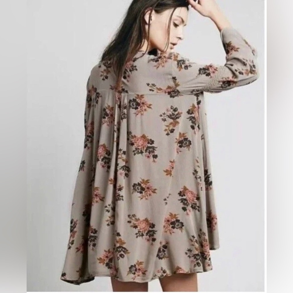 Free People Retro Floral Print Swing Tunic Boho Keyhole Mini Dress Medium - Picture 2 of 7